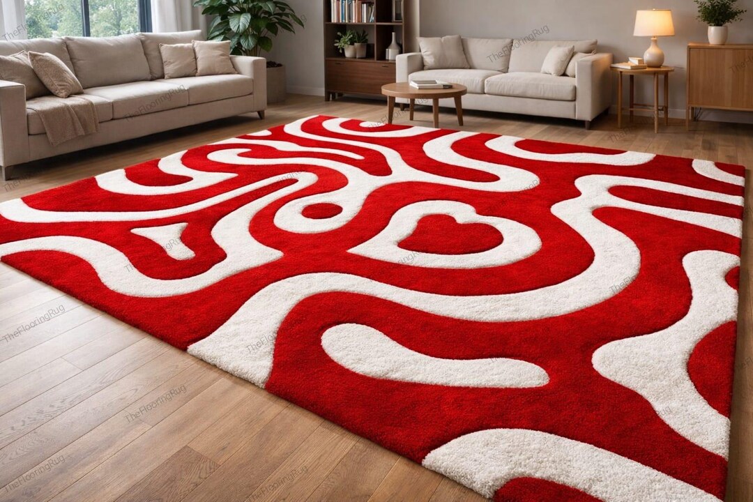 Modern 3D Hand-tufted Abstract Swirl Rug - Bold Red and Ivory Sculpted ...