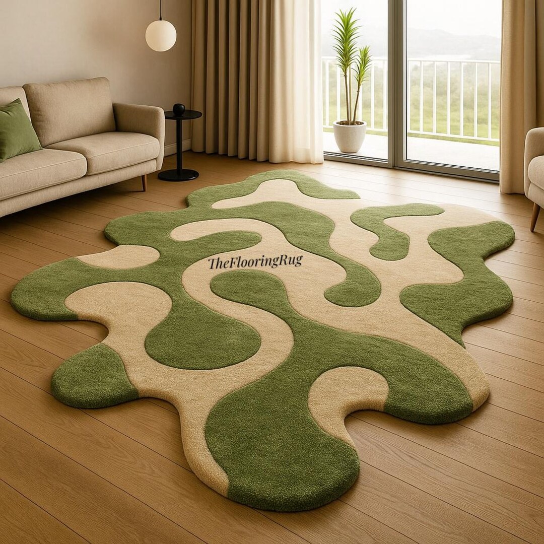 Handmade Tufted Wool Fluid Contour Rug: Moss Green and Sand Tone Wavy ...