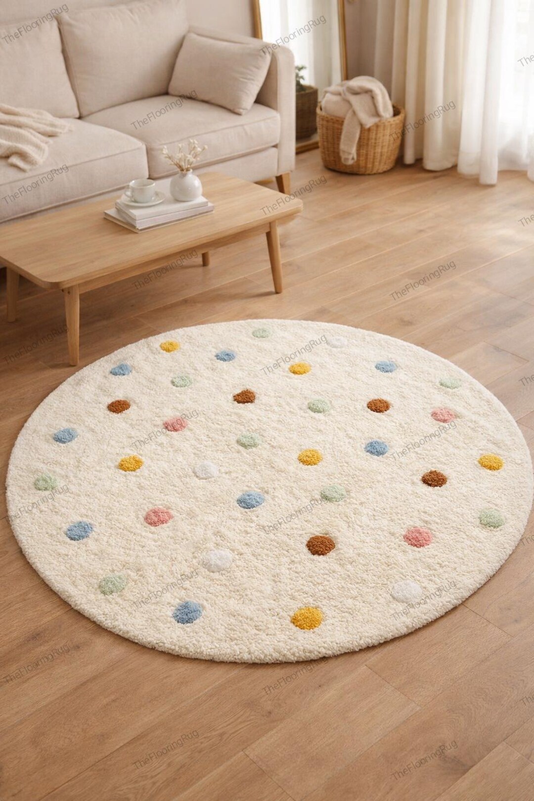 Confetti Colored Shag Rug Cream Round Shag Rug With Colorful Polka Dots - Soft Fluffy Circle Area ...