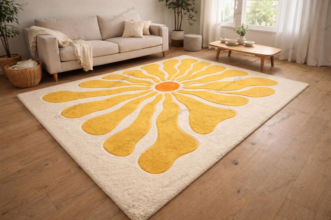 Hand Tufted Yellow Sunflower Rug Retro 70s Floral Sunburst Wool Area ...