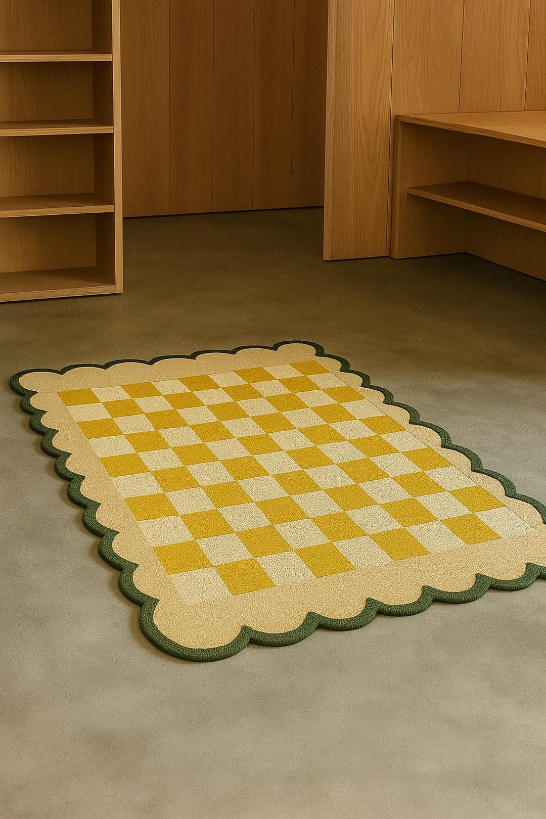 Checkerboard Tile Rug Retro Scalloped Checkerboard Rug: Yellow & Cream Check With Forest ...