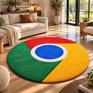 Handgjord tuftad matta med Google Chrome-logotyp | Nördig kontorsinredning | Tekniknördpresent | Handtuftad rund matta | Popkulturmatta med datormotiv.