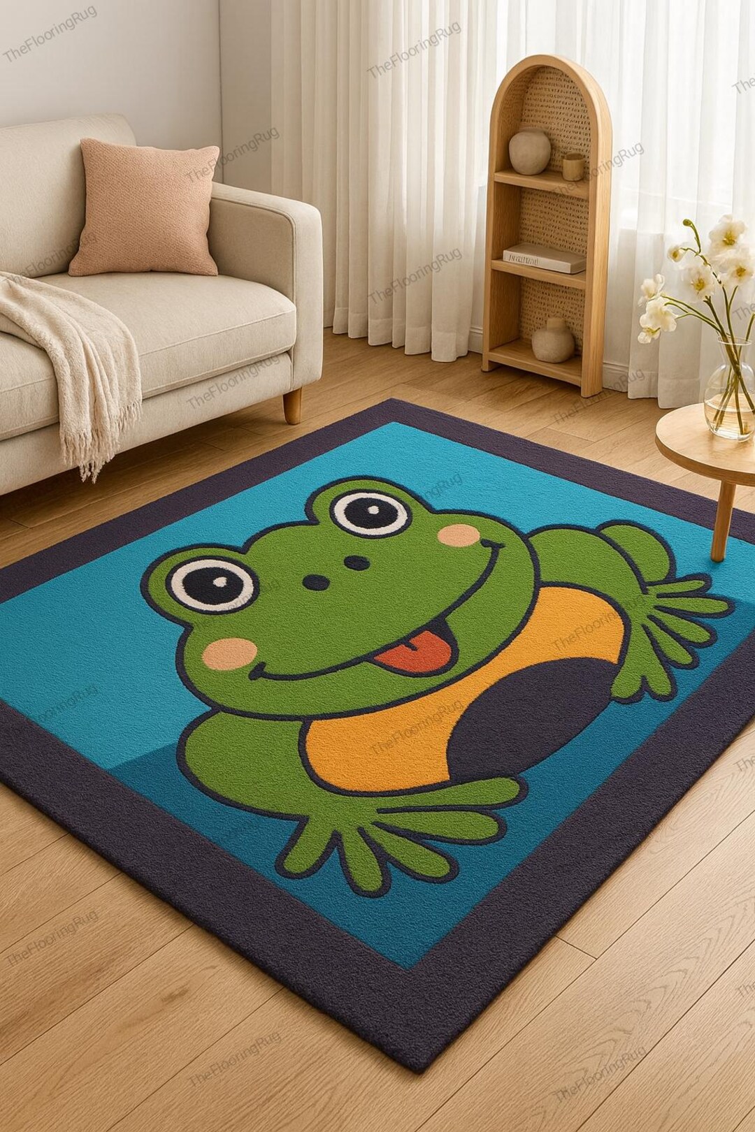 Cheerful Cartoon Frog Kids Area Rug Hand-tufted Wool Vibrant Green ...
