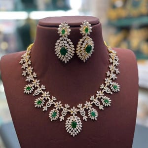 Elegant CZ Diamond Necklace Set with Green Stones | Wedding Party Jewelry Set with Earrings | American Diamond Bridal Necklace.