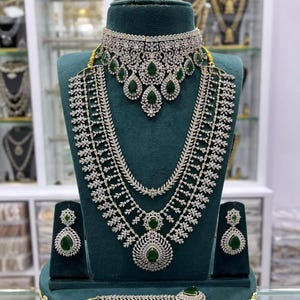 Green Stone Bridal Jewelry Set with Waist Belt | CZ Diamond Long Haram, Choker, Earrings | Indian Wedding Set with Pearl Drops
