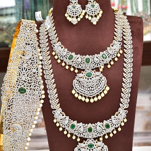 Emerald Long Necklace Set with Earrings & Vaddanam – Gold Plated CZ Bridal Jewelry – South Indian Wedding Jewelry Set – Temple Jewelry Style
