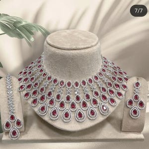 Heavy Ruby CZ Bridal Choker Necklace Set | Silver Finish Indian Wedding Jewellery | Statement Party Wear Jewelry | Anitha Jewellery