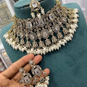 Pearl Kundan Bridal Choker Necklace Set, Heavy Indian Wedding Jewelry, Traditional Polki Necklace Earrings, Ethnic Bride Jewelry Set