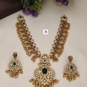 Bridal Temple Necklace Set with Green Stone, Antique Gold Finish Jewelry, Indian Wedding Jewelry Set, Ethnic Kundan Choker Set