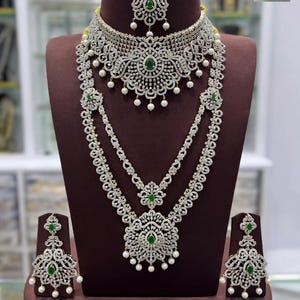 Bridal CZ Diamond Jewelry Set | Ruby Stone Choker, Haram, Maang Tikka & Earrings | South Indian Wedding Necklace Set with Pearls