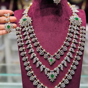 CZ Necklace Set – Multi-Layered Bridal Jewelry – Square Cut Stone Indian Wedding Set – Gold Plated Kundan Style Choker & Earrings