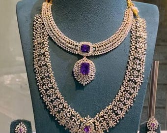 Bridal Ruby Stone Diamond Choker & Long Necklace Set with Earrings – Elegant Wedding Jewellery.