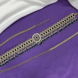 Victorian Hip Chain with Green Stones | Antique Finish Kamarbandh Waist Belt | CZ Stone Bridal Vaddanam | victorian belt