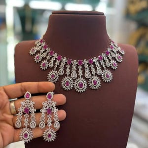 Silver Plated Choker Necklace Set with Pnk Stones | Indian Bridal Jewelry Set | CZ Wedding Necklace & Earrings | Statement Jewelry for Women