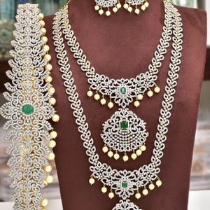 Emerald Long Necklace Set with Earrings & Vaddanam – Gold Plated CZ Bridal Jewelry – South Indian Wedding Jewelry Set – Temple Jewelry Style
