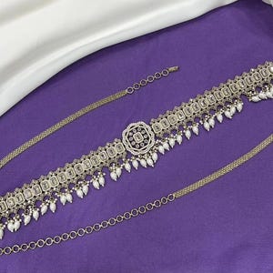 Victorian Hip Chain with Green Stones | Antique Finish Kamarbandh Waist Belt | CZ Stone Bridal Vaddanam | victorian belt
