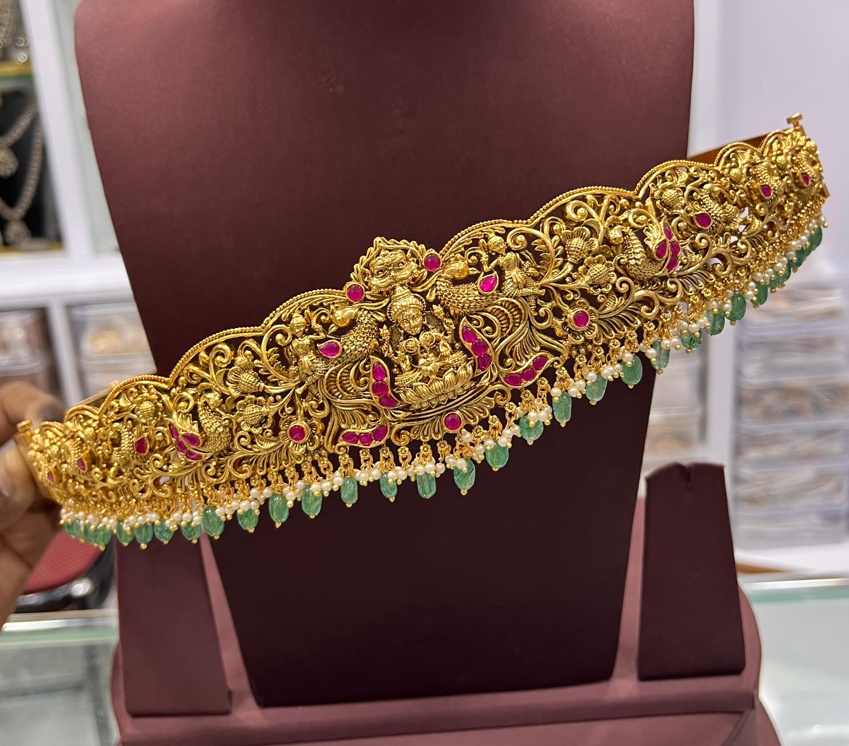 Temple Design Gold Waist Belt for Women, Goddess Lakshmi Vaddanam