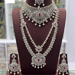 Bridal CZ Diamond Jewelry Set | Ruby Stone Choker, Haram, Maang Tikka & Earrings | South Indian Wedding Necklace Set with Pearls