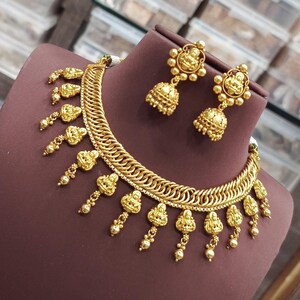 Lakshmi Temple Jewelry Set | Gold Plated Necklace with Jhumkas | South Indian Bridal Jewelry | Traditional Ethnic Choker