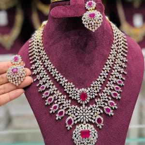Elegant Ruby CZ Necklace Set – Red Stone Bridal Jewelry – Indian Wedding Choker & Earrings – Gold Plated South Indian Statement Set