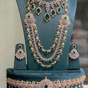 Green Stone Bridal Jewelry Set with Waist Belt | CZ Diamond Long Haram, Choker, Earrings | Indian Wedding Set with Pearl Drops