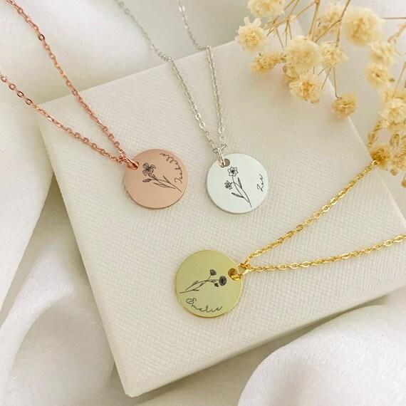 Personalized Disc Birth Flower Necklacename Necklace With - Etsy