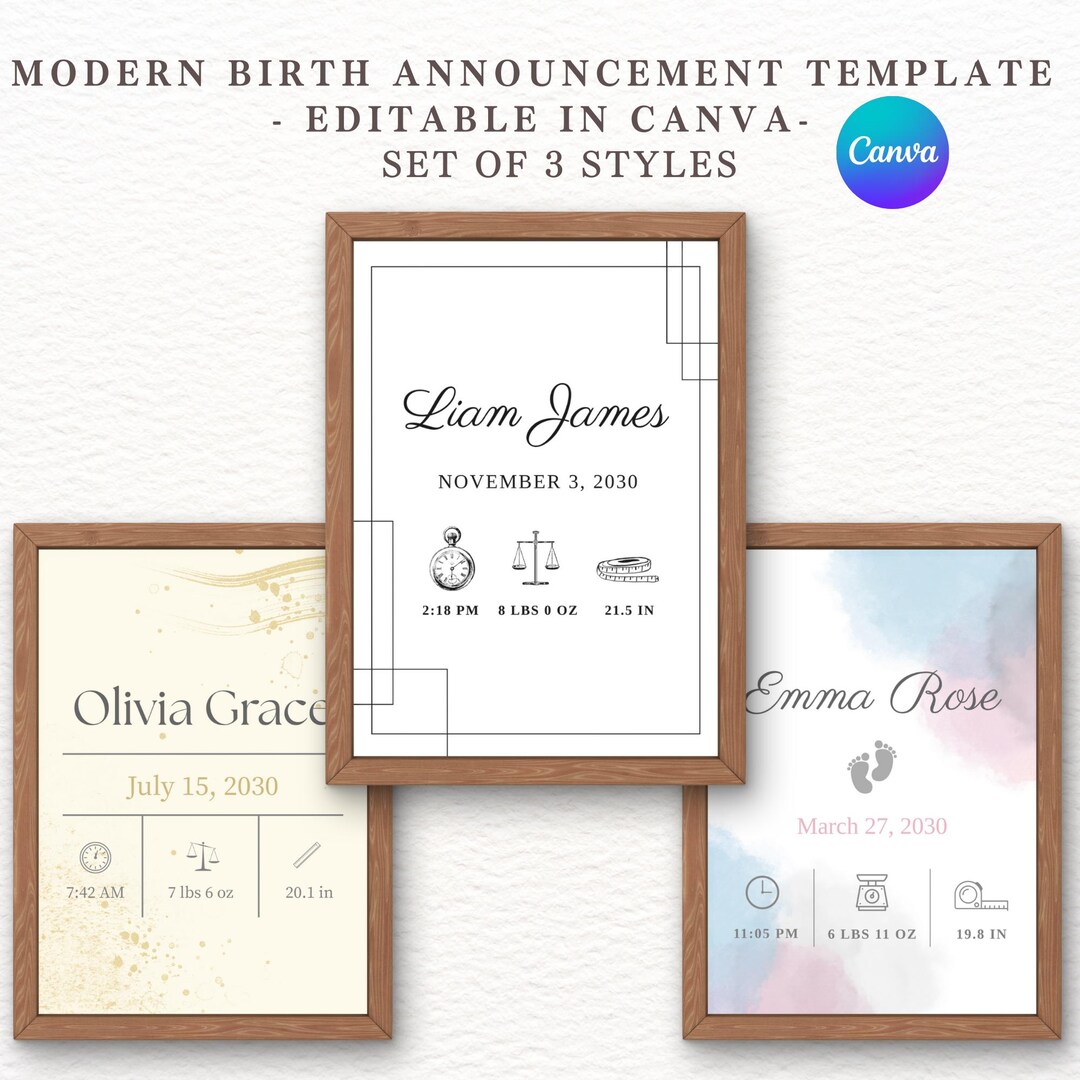 Minimalist Baby Birth Stats Printable Set | Modern Birth Announcement ...