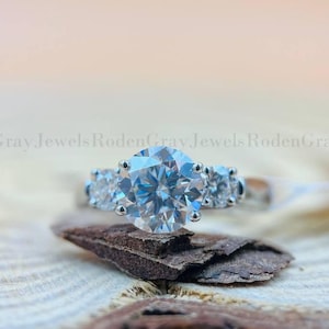 2 Carat Round Moissanite Engagement Ring: Three Stone 14k White Gold