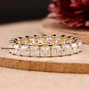 Princess Cut Moissanite Eternity Band, 14K Yellow Gold Full Eternity Ring, Square Diamond Wedding Band, Stackable Bridal Ring Gift for Her