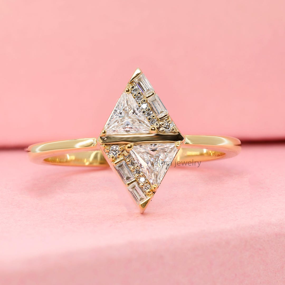 Triangle Lab Diamond 14K Gold Triangle Lab Grown Diamond Ring, Baguette Vintage Cluster - Etsy