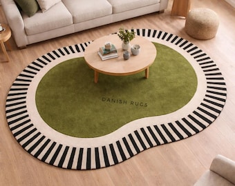 Irregular Moss Green Hand Tufted Rug, Modern Organic Shaped Wool Area Rug, Striped Scandi Decor, Mid Century Modern Living Room Rug, Custom