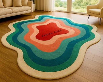 Alfombra abstracta tejida a mano: capas onduladas retro, estilo moderno de mediados de siglo