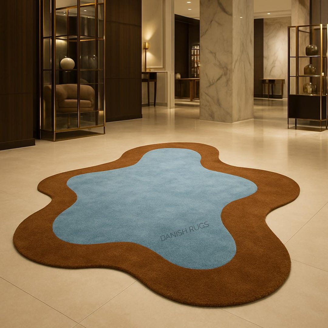 Puddle Rug Shape Handmade Puddle Rug: Organic Free-form Design and Blue & Burnt Orange ...