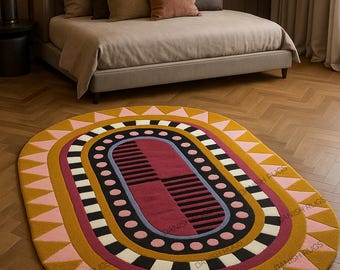 Hand Tufted Pink Oval Shape Dining Rug Minimalist Home Decor Wool Handmade Area Rug Carpet for Home| Bedroom Rug| Living Room Large Area Rug
