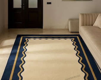 Navy Blue & Ivory Scalloped Border Rug | Handmade Tufted Wool Area Rug | Modern Luxury Carpet | Living Room Rug | Minimalist Bedroom Rug
