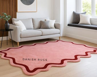 Hand Tufted Pink Scalloped Rug, Irregular Area Rug, Modern Wool Rug, Wavy Border Carpet, Luxury Living Room Rug, Custom Size Rug