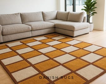 Mustard & Cream Checkered Wool Rug (MCM Style). Bold Hand tufted Geometric Grid Pattern for a Striking Carpet for Living room, or Bedroom
