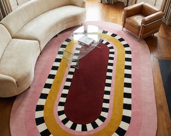 Hand Tufted Wool Rug - Colorful Pink & Mustard Retro Oval Rug for Living Room, Modern Checkered Area Rug, Unique Luxury Housewarming Gift.