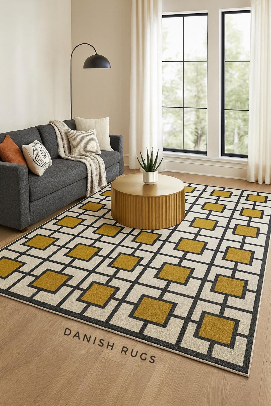 Bold Mid-century Geometric Area Rug | Mustard Yellow & Charcoal Square ...