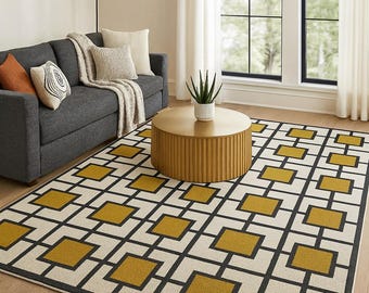 Modern Geometric Area Rug, Hand Tufted Wool Rug, Mid Century Modern Carpet, Scandinavian Living Room Rug, Mustard Yellow Abstract Rug