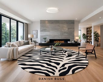 7x7 Bold Round Zebra Rug | Black & Cream Animal Print | Modern Hand tufted Wool Area Rug for Living Room, Bedroom, Office Decor