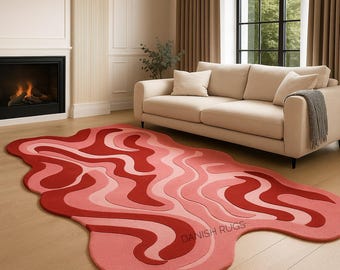 Pink Red Wavy Abstract Rug-Handmade Tufted Irregular Shape Carpet for Modern Living room Decor