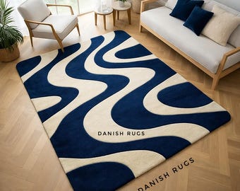 8x10ft Hand Tufted Nordic Wave Abstract Rug: Navy Blue & Cream Wavy Pattern - Modern Style Scandi Area Rug for 7x10 Living Rooms or Bedrooms