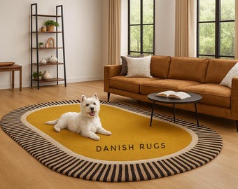 Hand tufted Bold Mustard Yellow Oval Rug with Black & Brown Geometric Border | Mid-Century Modern Accent for 8x10ft Bedroom Living room.