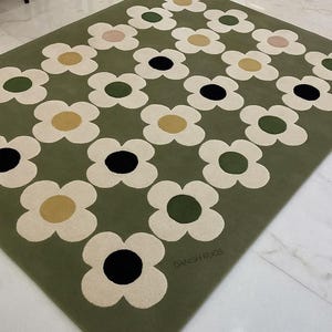 Olive Green Floral Rug: Modern Danish-Inspired Whimsical Design
