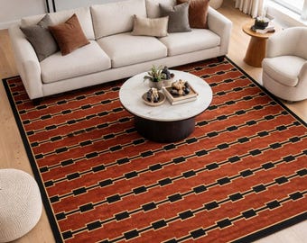 Mid Century Modern Wool Area Rug, Hand Tufted Terracotta Rust Geometric Carpet, Minimalist Aesthetic Living Room Decor, Custom Large Rug
