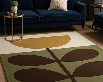 Alfombra de lana tejida a mano: diseño moderno de hojas botánicas, verde oliva