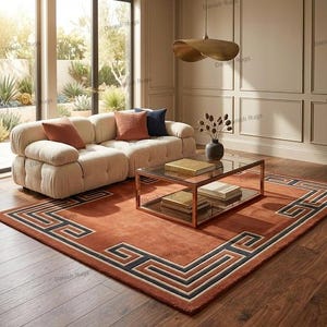 May include: A rectangular area rug featuring a burnt orange base color with a dark charcoal and cream geometric Greek key border pattern. The rug is positioned on a dark wood floor, extending beneath a glass coffee table and a cream-colored sofa.