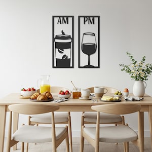 AM PM Metal Wall Art – Coffee and Wine Minimalist Decor, Modern Kitchen or Bar Wall Sign, Funny Gift for Coffee Lovers & Wine Enthusiasts