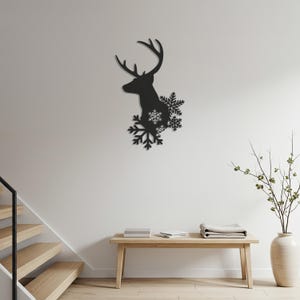 Deer with Snowflakes Metal Wall Art: Rustic Winter Cabin Decor